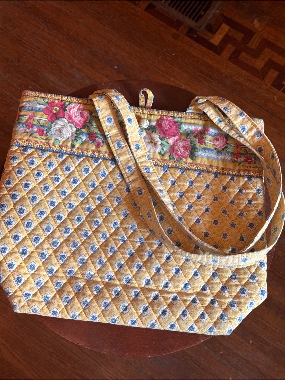 Vintage Vera Bradley Elizabeth Quilted Floral-Trim Tote Bag in Yellow